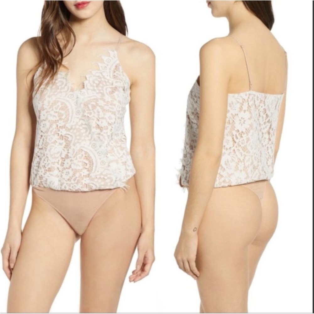 Wayf Lace Bodysuit in Cream and Tan